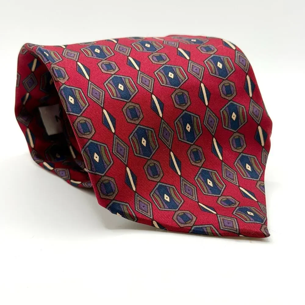 Vintage 90s Albert Nipon Silk Red Navy Geometric Necktie